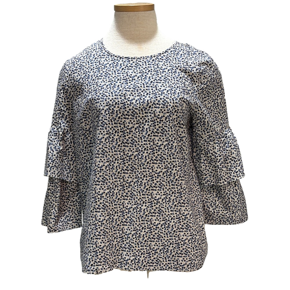 J Crew sz 12 blue patterned top with tiered 3/4 sleeves